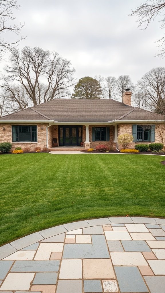 Traditional stone ranch home with a well-manicured lawn and a welcoming front porch.