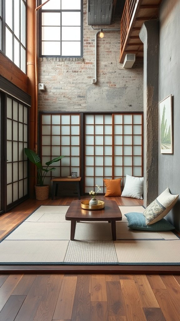 A cozy living area featuring tatami mats, wooden furniture, and shoji screens in a modern Japanese loft.