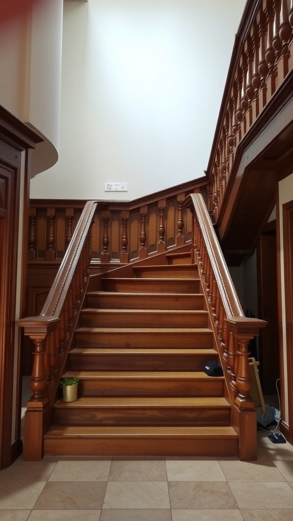 A traditional wooden staircase with intricate carvings and a warm finish