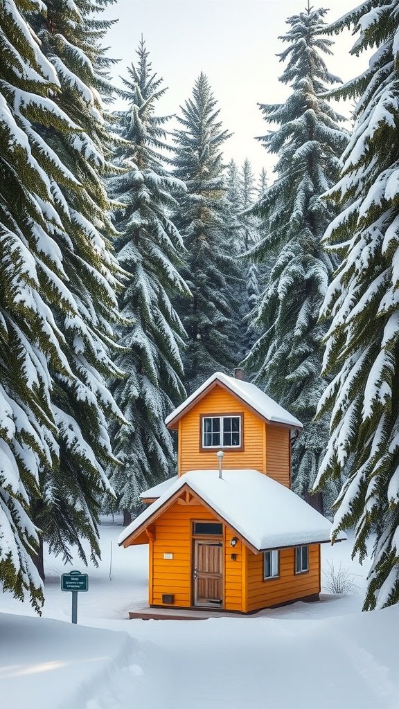 A traditional yellow cabin surrounded by snow-covered evergreen trees in a winter landscape.