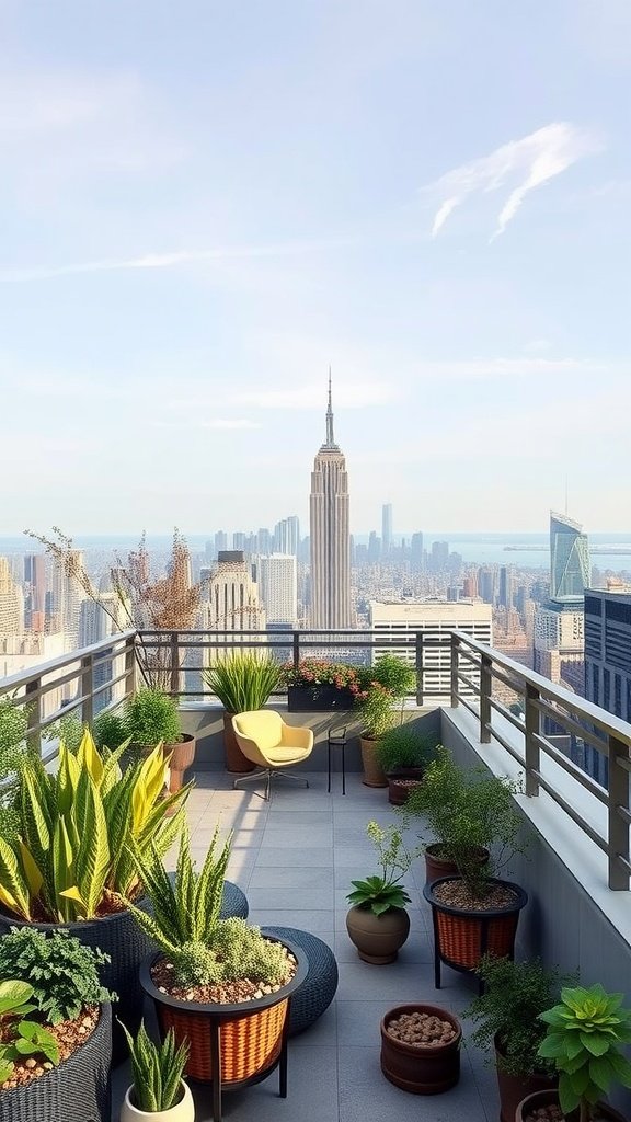 A lush terrace garden with seating and panoramic views of the New York City skyline, featuring the Empire State Building.