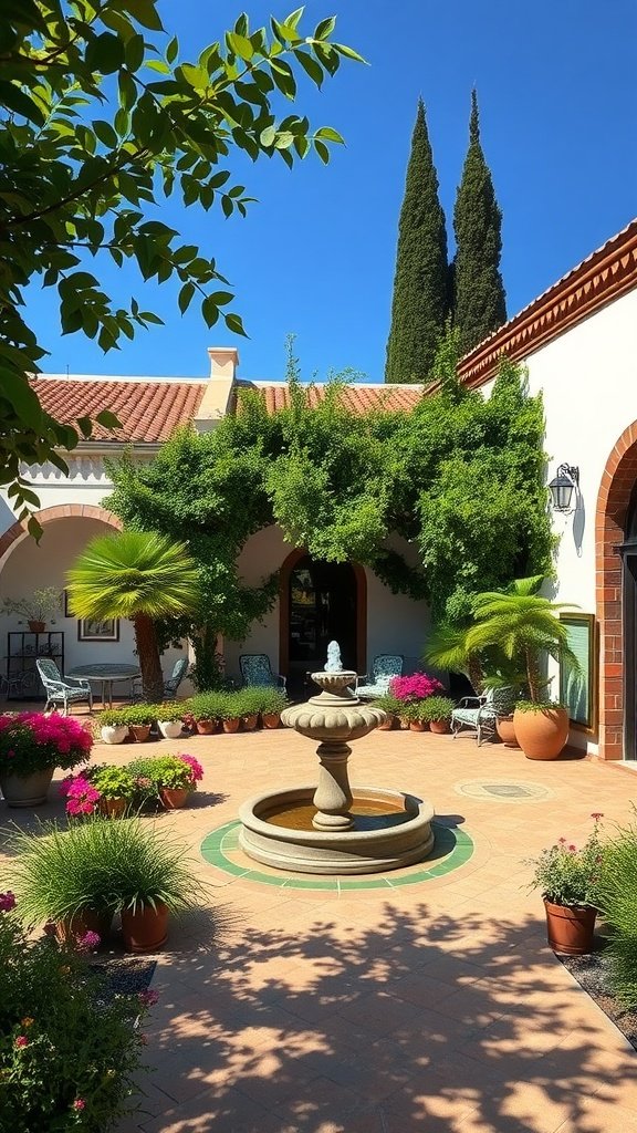 A tranquil courtyard with a fountain, surrounded by lush greenery and vibrant flowers.