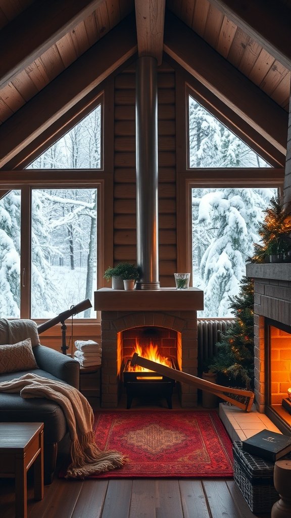A cozy timber cabin interior with a fireplace, large windows showing snow outside, a sofa, and a decorative tree.