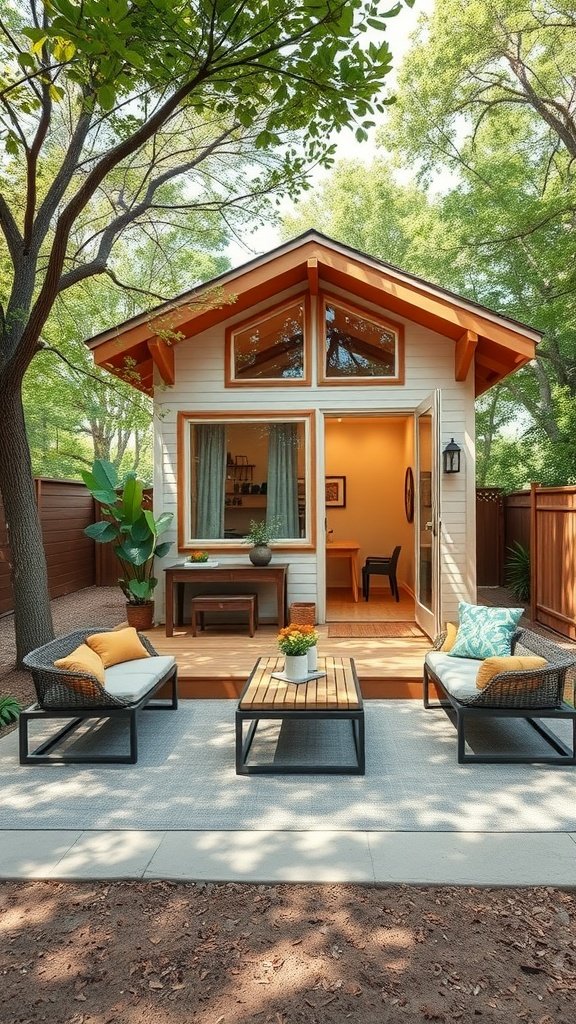 A cozy outdoor seating area in front of a mid-century modern tiny house, featuring comfortable chairs, a coffee table, and lush greenery.