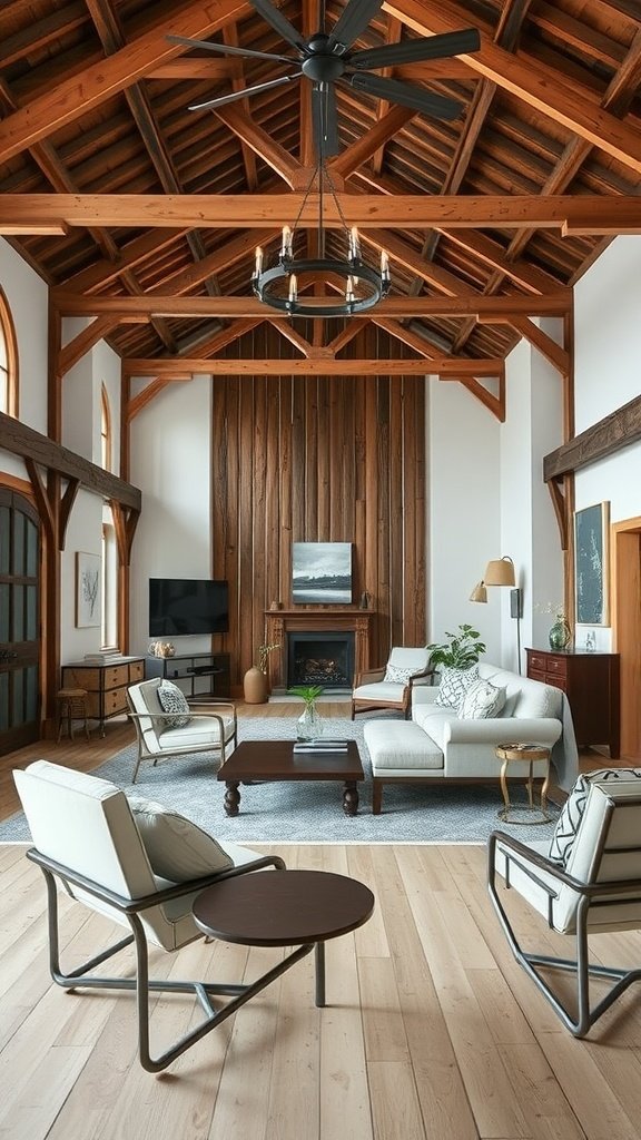 A modern barn house living room featuring high wooden beams, cozy furniture, and a warm color palette.