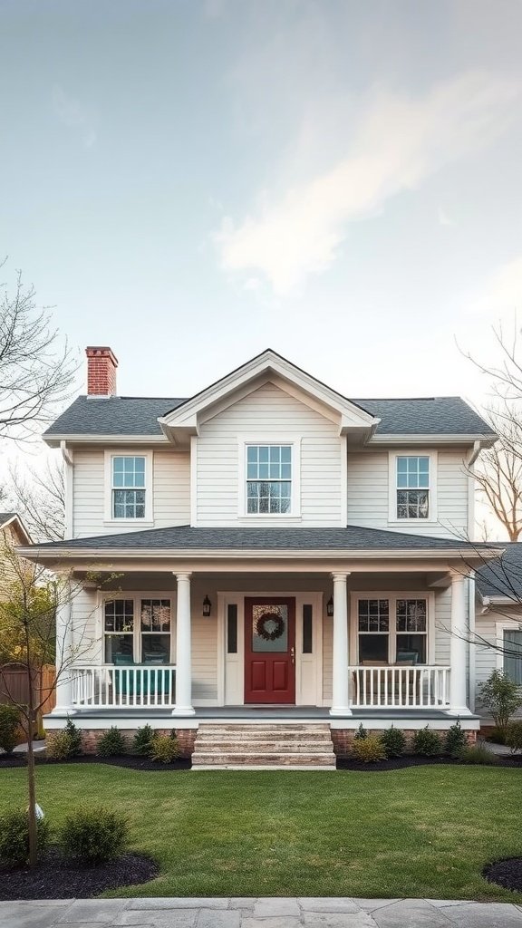A charming two-story house with a red door, white columns, and a well-maintained lawn.