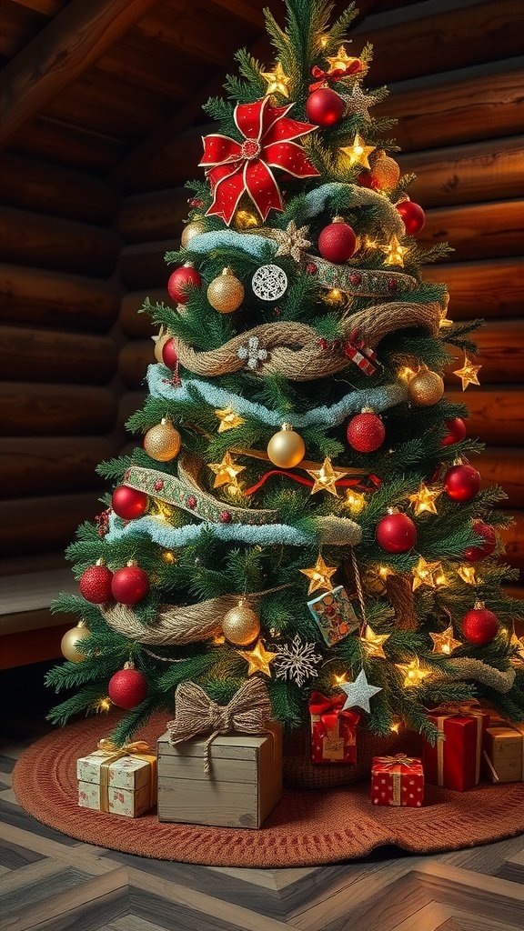 A beautifully decorated Christmas tree with a red tree skirt and gifts underneath in a rustic cabin setting.