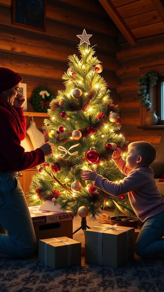 A cozy winter cabin scene with a parent and child decorating a Christmas tree together.