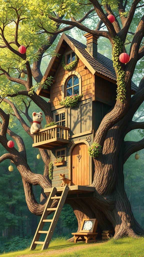 A whimsical treehouse retreat with a bear and a cat, surrounded by lush greenery and colorful decorations.