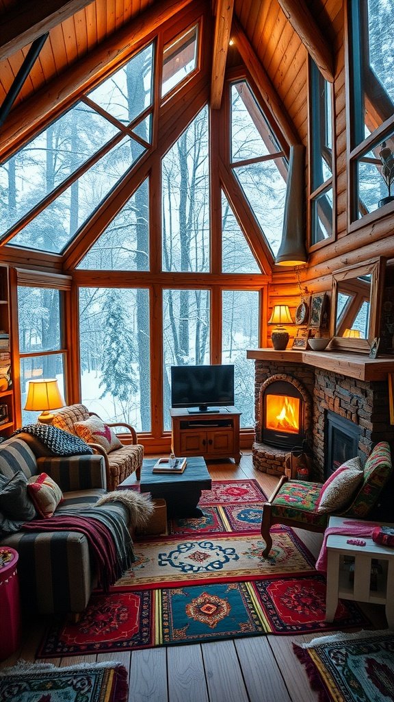 Cozy cabin living room with large windows, stone fireplace, and vibrant rugs