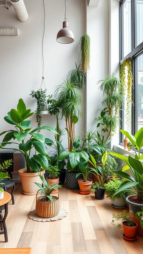 A trendy indoor garden in a modern loft apartment featuring various plants in pots.
