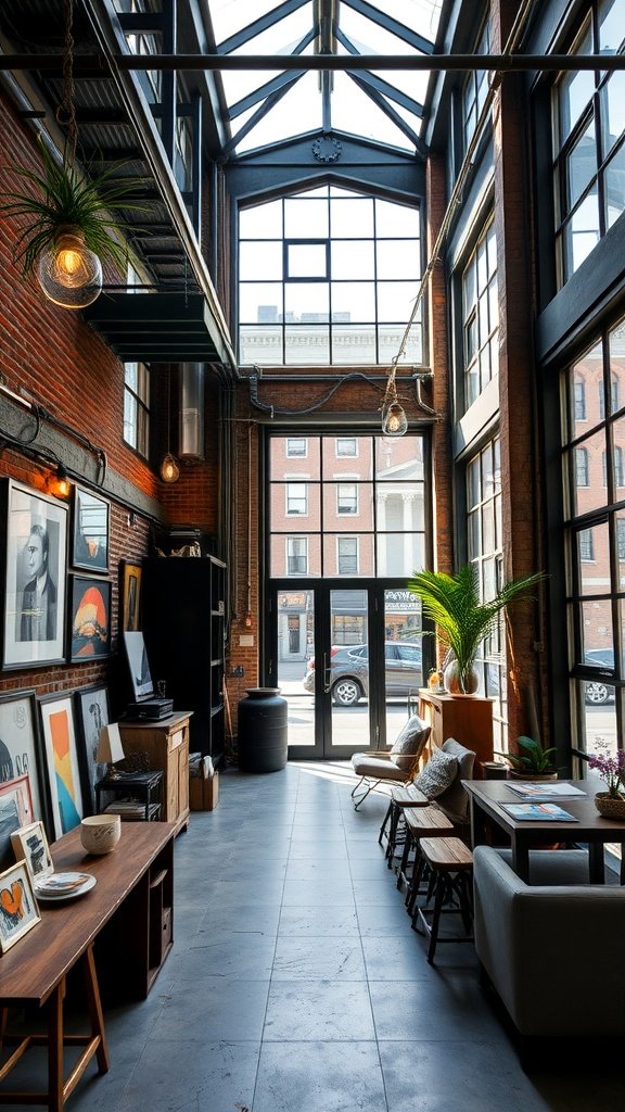 Interior of a trendy industrial loft in Nolita, featuring large windows, exposed brick walls, and stylish furniture.