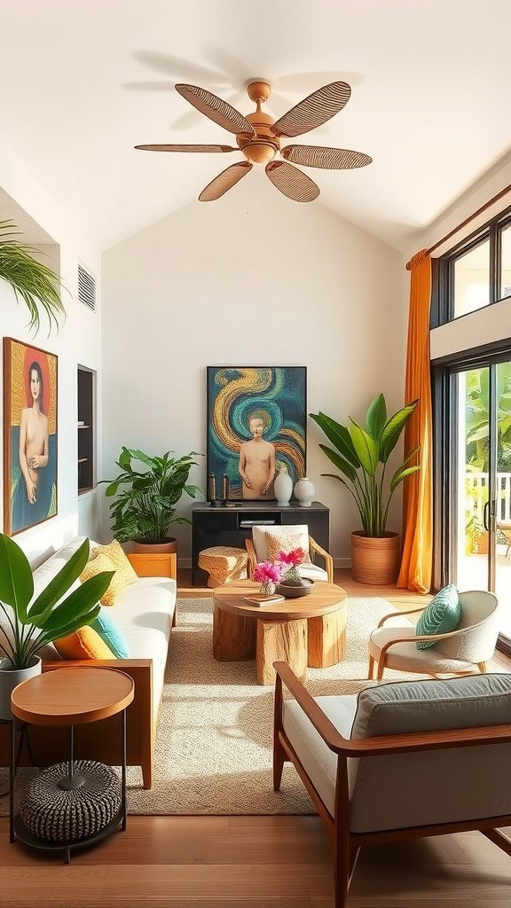 A stylish tropical living room with wooden furniture, colorful accents, and indoor plants.