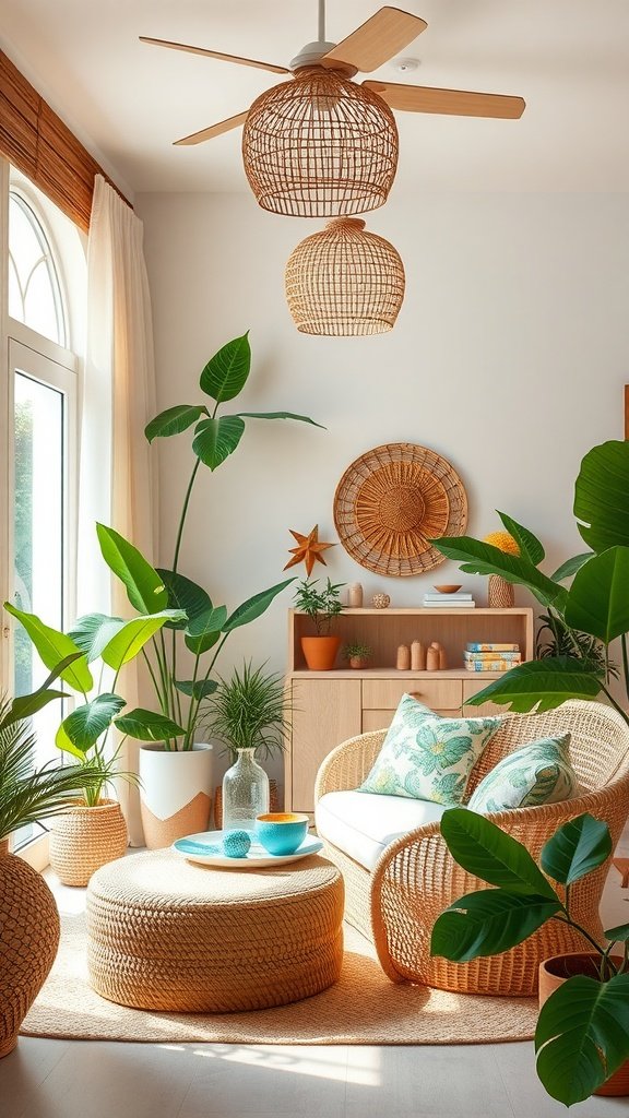 A cozy tropical-inspired living space filled with plants and natural decor.