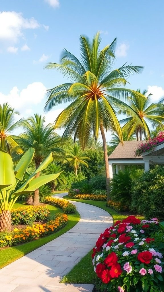A tropical garden with palm trees, colorful flowers, and a winding pathway.