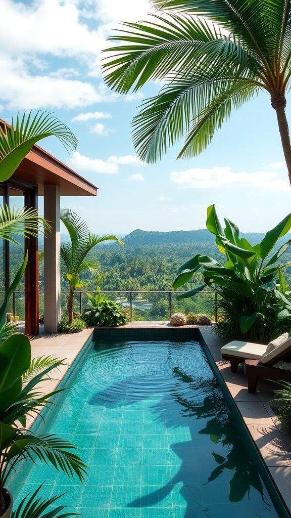 A luxurious penthouse pool surrounded by tropical plants and a view of distant mountains.