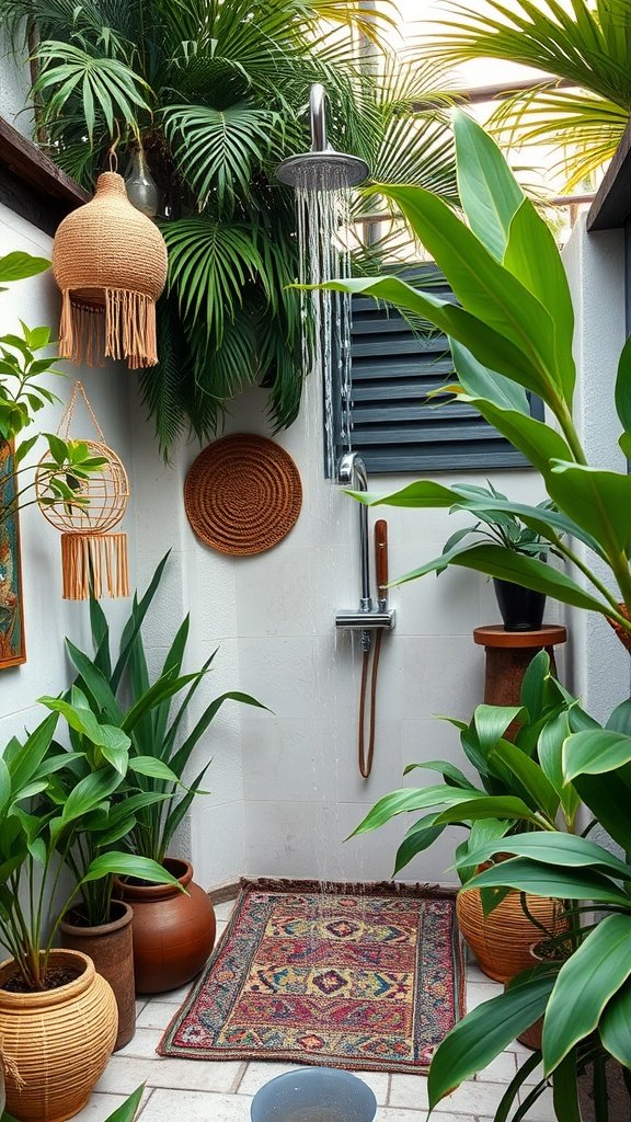 A tropical outdoor shower surrounded by lush plants and decorative elements.