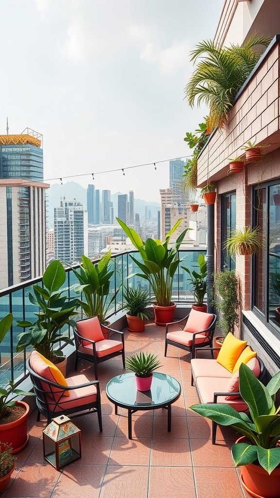 A vibrant terrace with tropical plants and colorful seating, showcasing a city skyline.