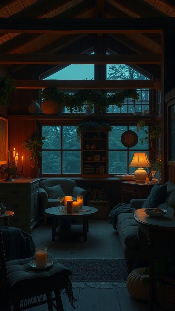 A cozy room illuminated by candlelight and lamps, featuring wooden beams, plants, and comfortable seating.