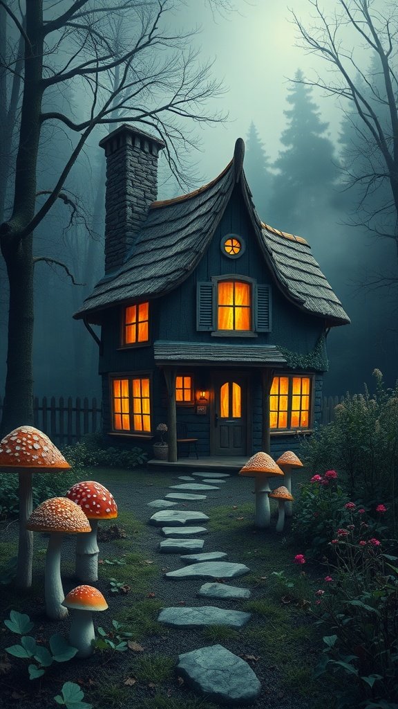 A whimsical dark cottage surrounded by trees at twilight with glowing windows and colorful mushrooms in the foreground.