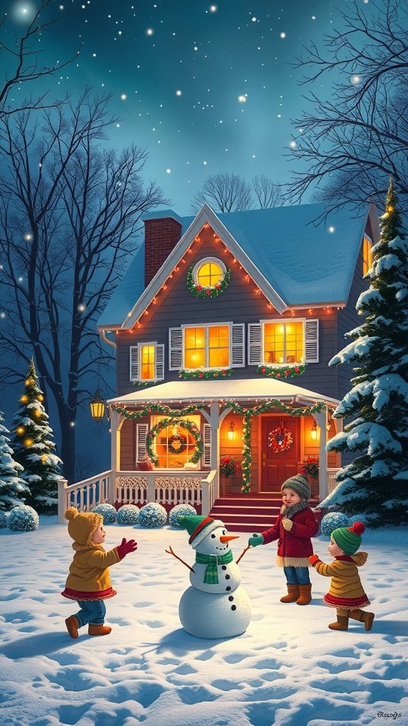 A cozy Christmas house with twinkling lights, surrounded by snow and children building a snowman.