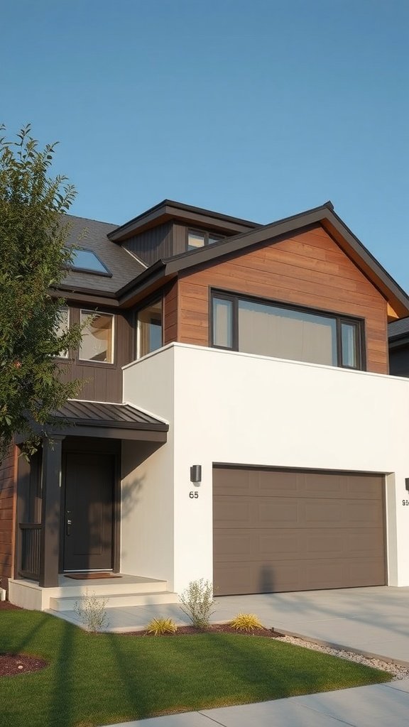 A contemporary house with two-tone exterior finishes featuring wood and white colors