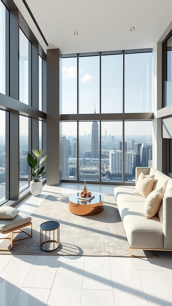 A modern penthouse living area with floor-to-ceiling windows showing a city skyline