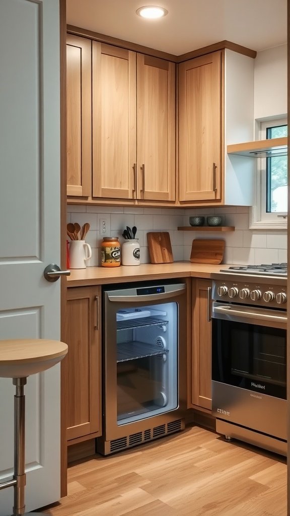 A cozy tiny house kitchen featuring an under-counter refrigerator, wooden cabinets, and a stove.