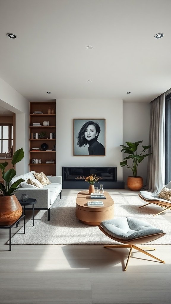 Elegant living room with neutral decor, featuring a cozy sofa, stylish chairs, and a round coffee table, illuminated by natural light.