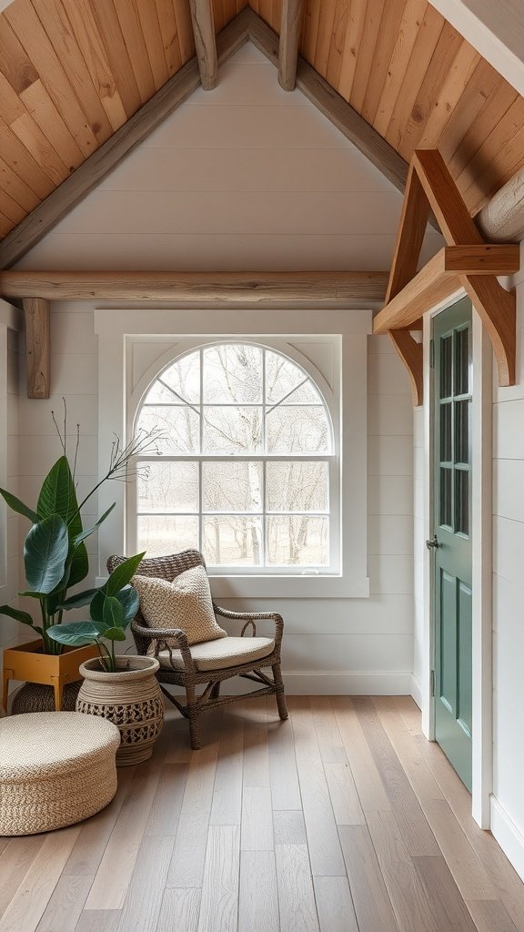 Cozy corner of a cottage featuring an arched window, a green front door, and woven furniture.