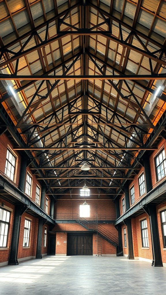 Interior of a modern loft apartment featuring high wooden beams, exposed brick walls, large windows, and a staircase.