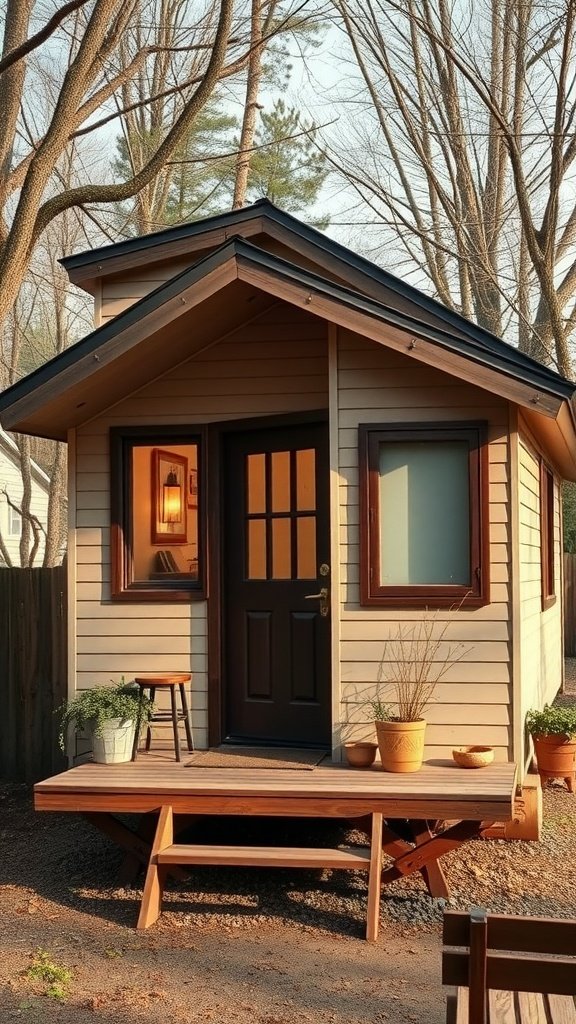 A cozy mid-century modern tiny house with a steeply pitched roof and wooden deck, surrounded by trees.