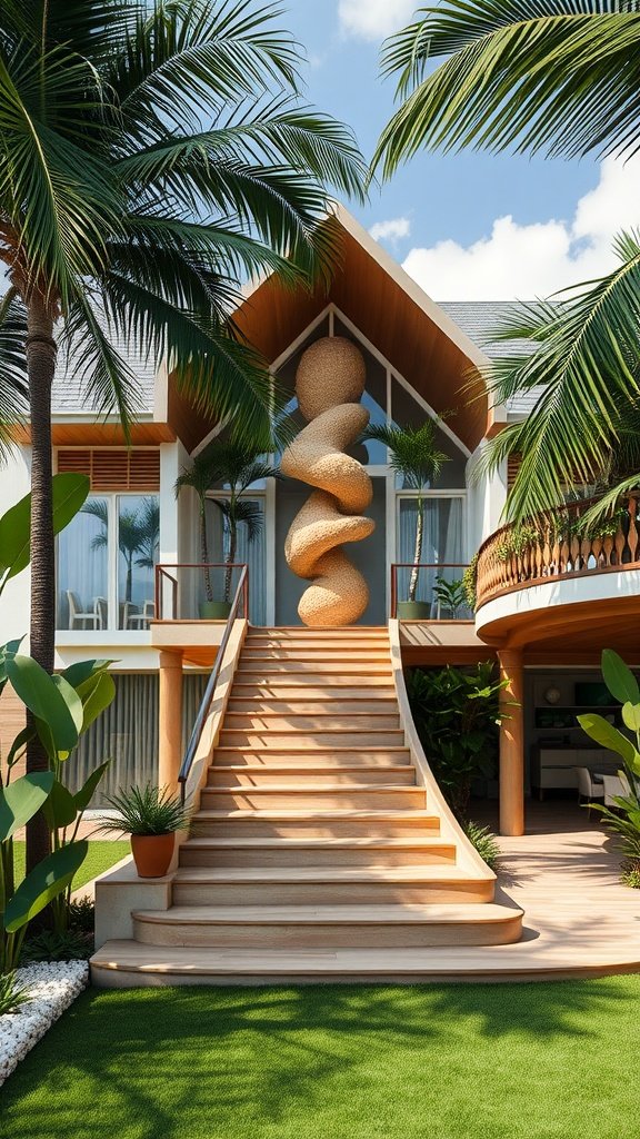 A modern tropical house featuring a spiral sculpture at the entrance, surrounded by lush greenery and a welcoming staircase.