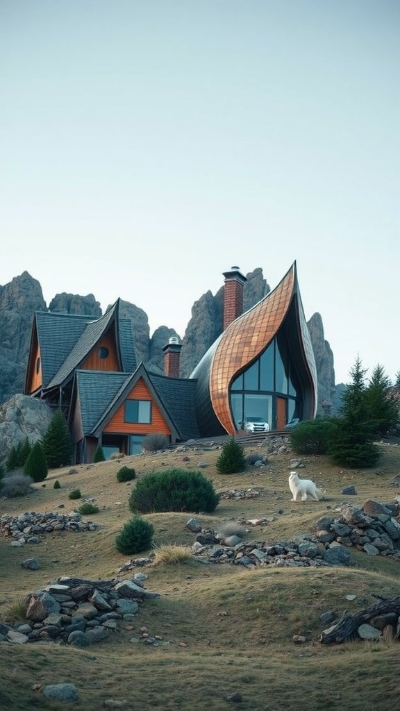 A modern mountain home with unique architectural shapes, surrounded by rocks and greenery.