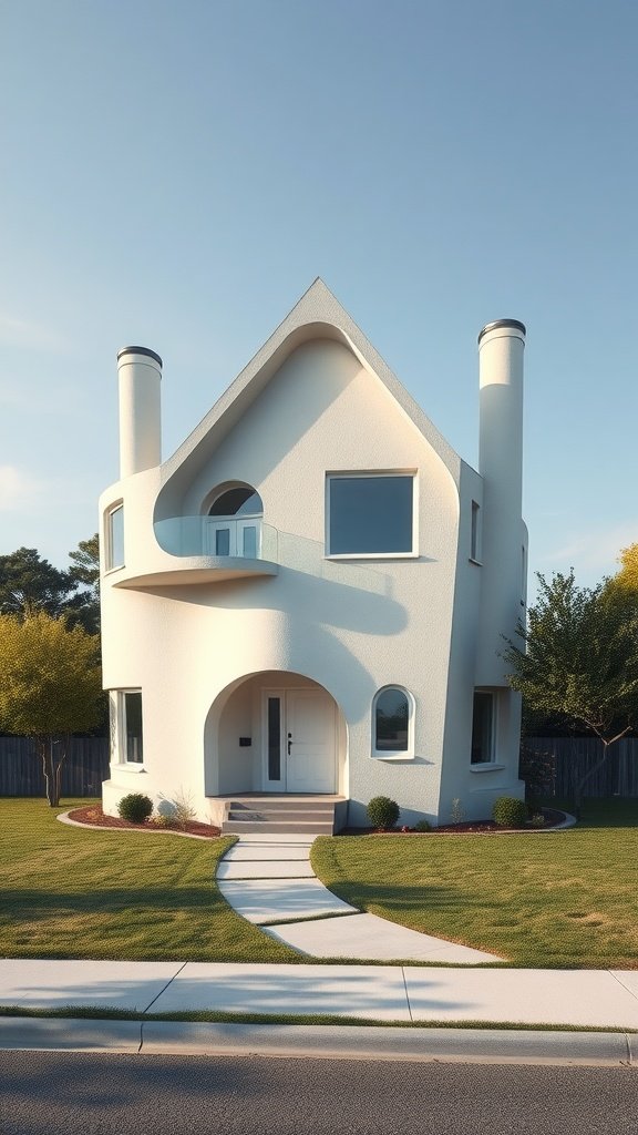 A uniquely designed white house with a smooth exterior, rounded edges, and large windows, surrounded by greenery.