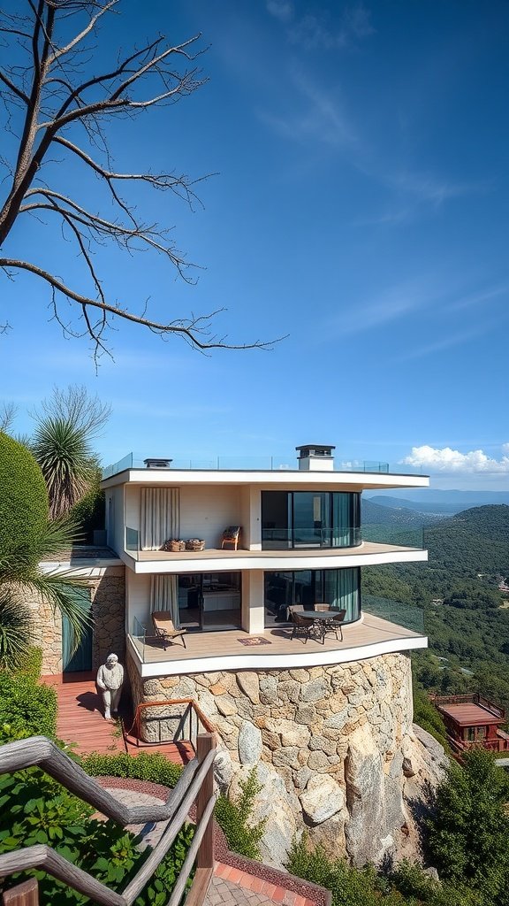 A modern hillside house with unique balconies and stunning views