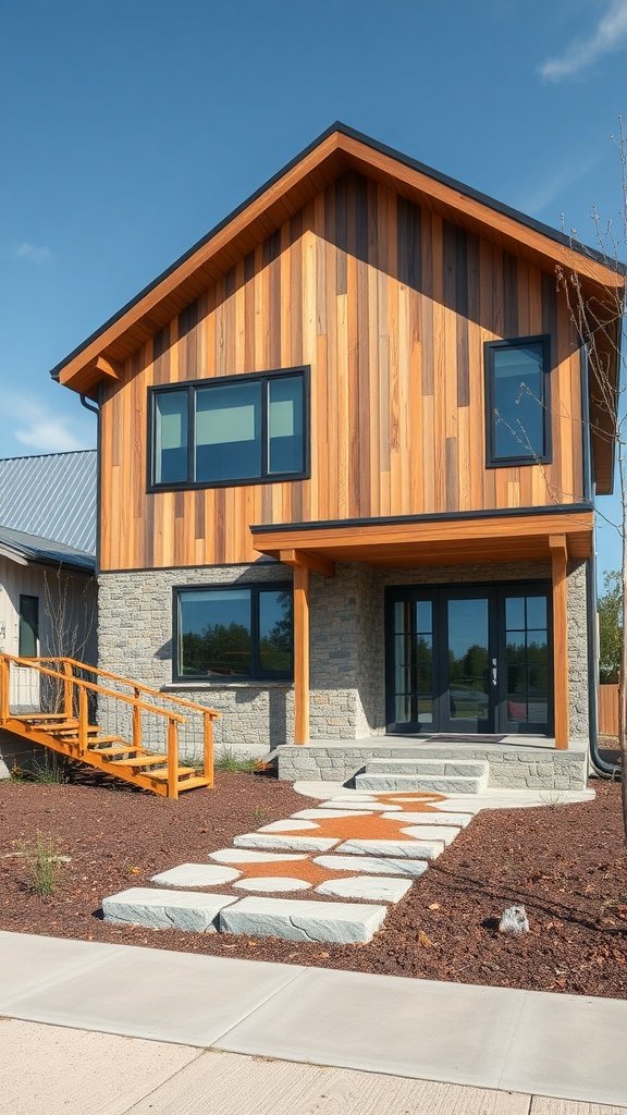 A contemporary house exterior featuring a mix of wood and stone materials with a unique pathway