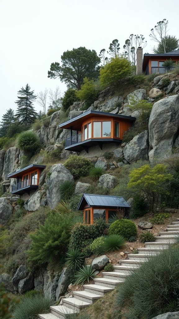Houses built on a steep hillside surrounded by rocks and greenery