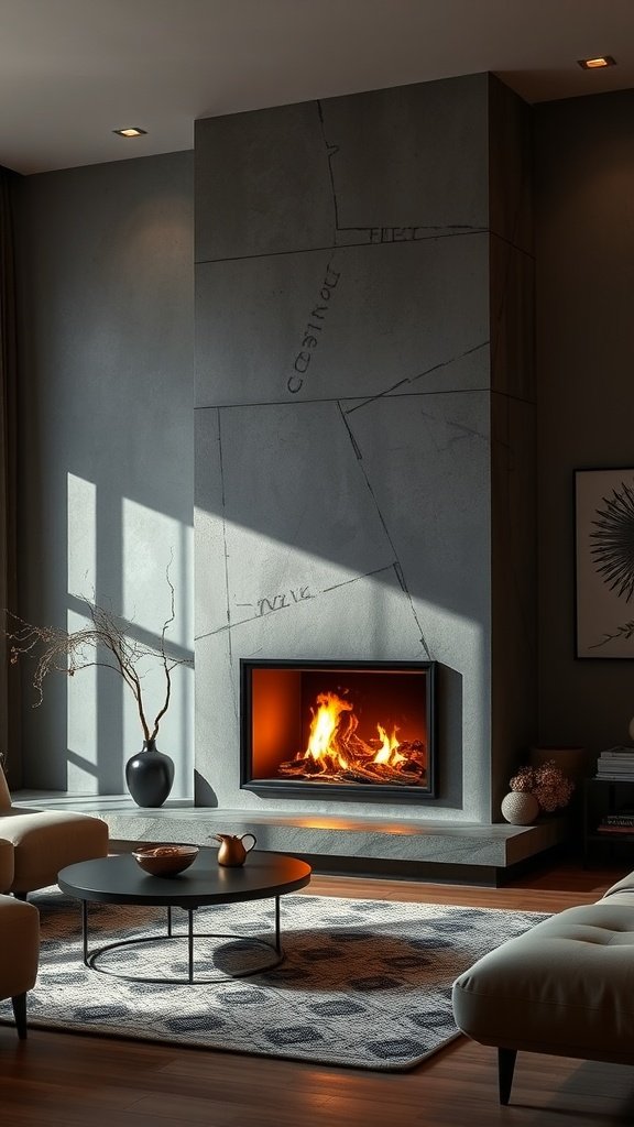 A modern living room featuring a sleek concrete fireplace with a warm fire burning inside.