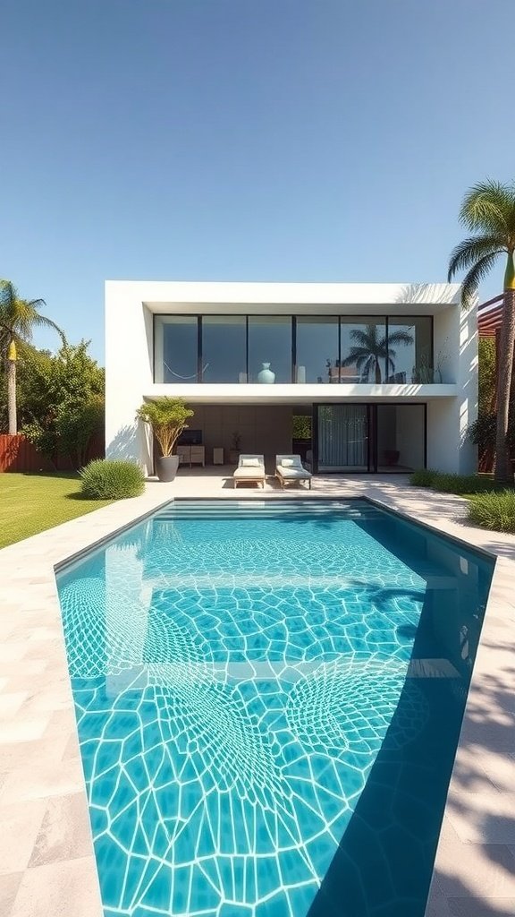 A modern geometric house with large windows and an angular pool surrounded by greenery.