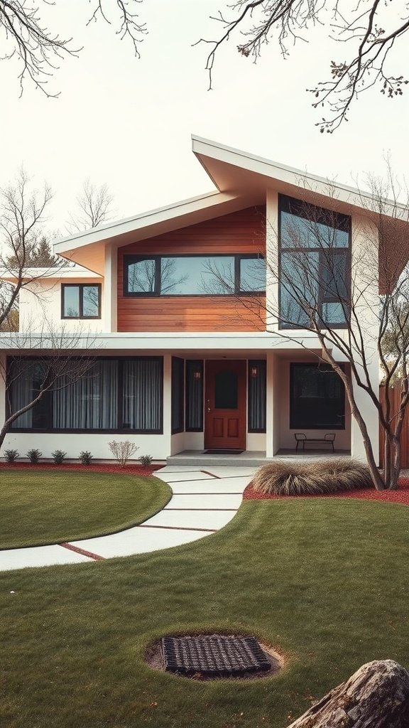A mid-century modern house featuring unique geometric shapes and clean lines, with a slanted roof, large windows, and a landscaped front yard.