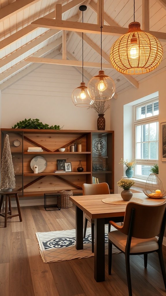 A cozy cottage dining area featuring unique lighting fixtures.