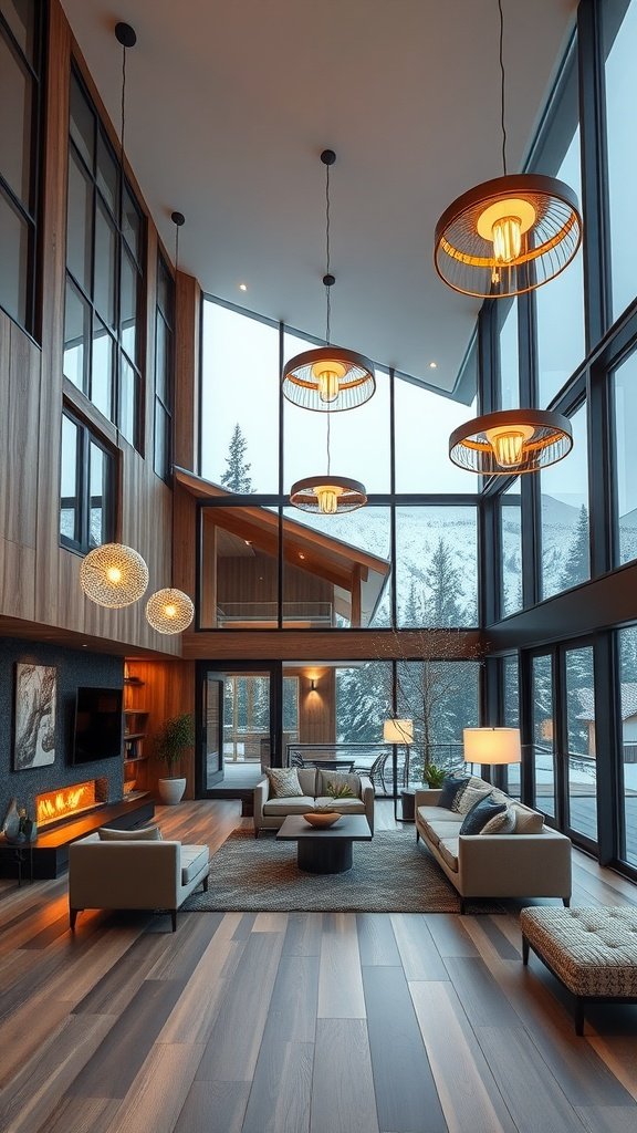 A modern living room with large windows and unique lighting fixtures
