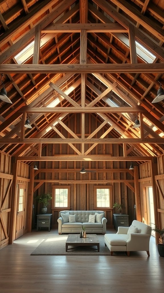 Interior view of a barn house loft featuring open wooden beams and modern furnishings