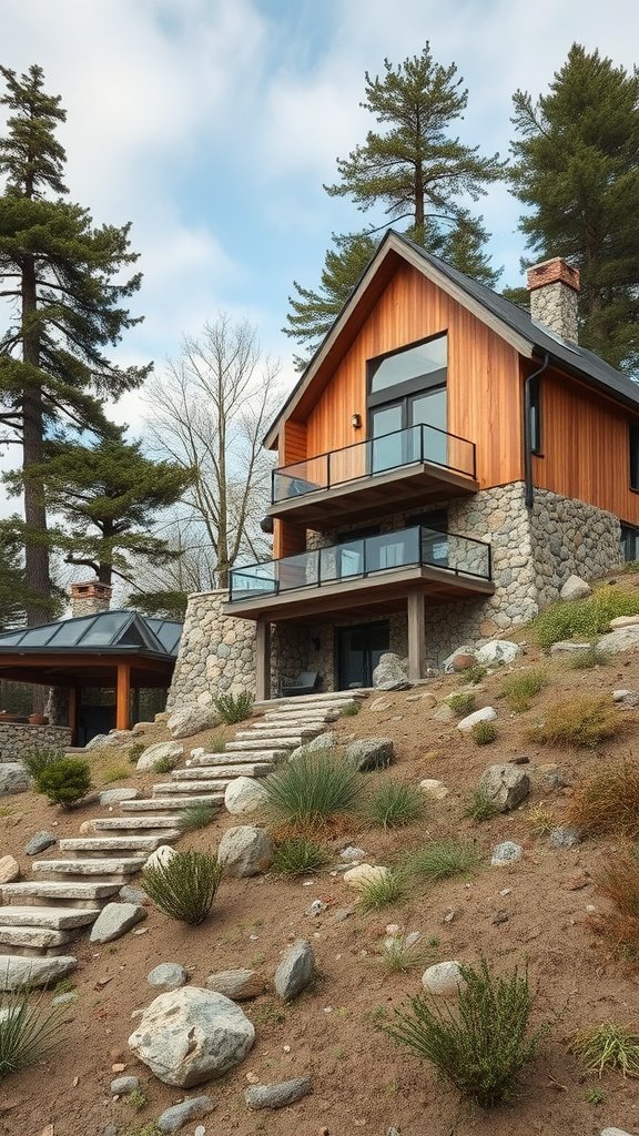 A hillside house with a combination of stone and wood, featuring large windows and a balcony, surrounded by nature.