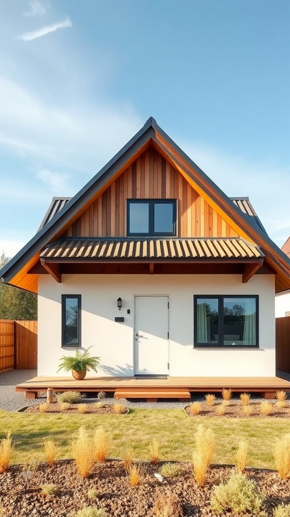 A modern cottage house with a unique roof design featuring wooden accents and large windows.