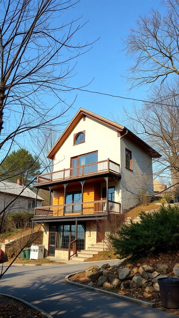 A hillside house with a peaked roof and wooden balcony, surrounded by trees.