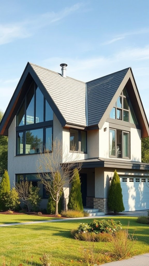A modern house with unique rooflines and large windows set in a landscaped yard.