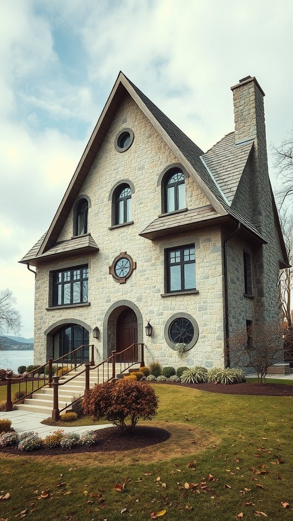 A beautiful stone exterior house with rounded windows, intricate details, and a well-maintained garden.