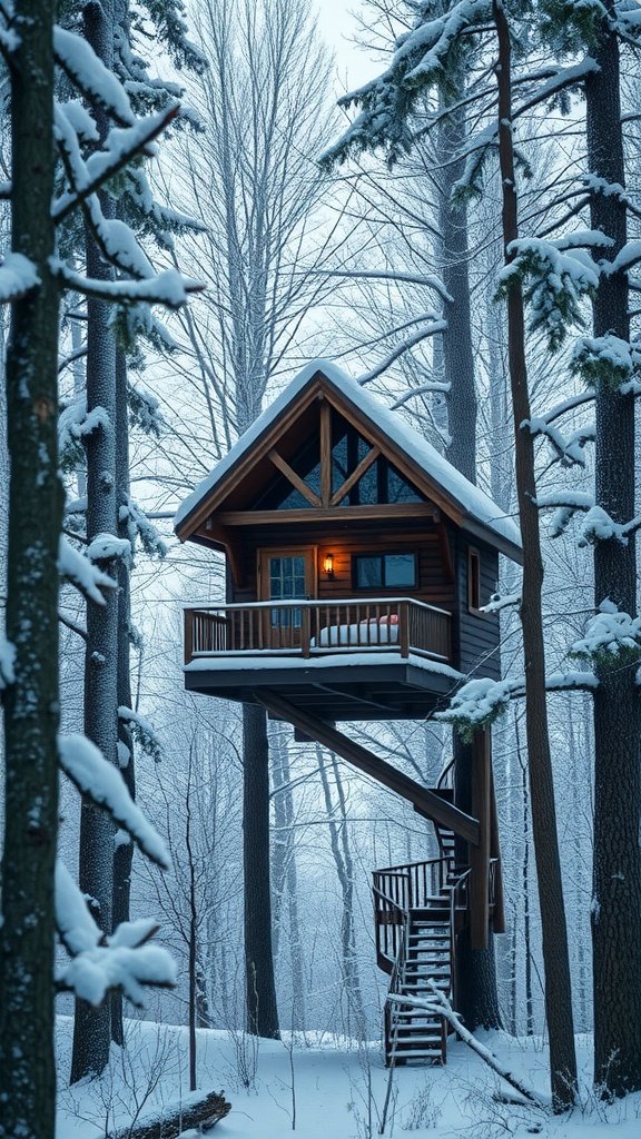 A unique treehouse cabin surrounded by snow-covered trees in a serene winter landscape.